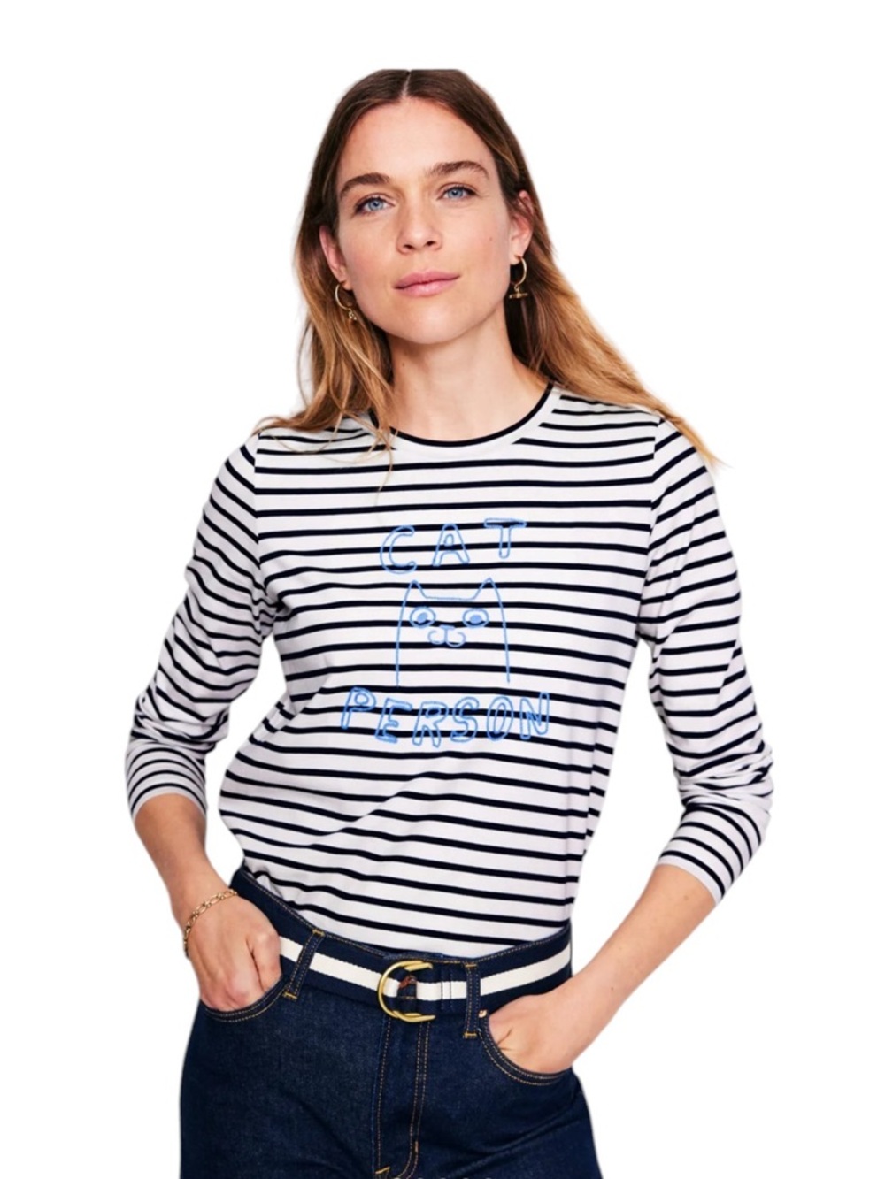 Boden Cat Person Tee Size S Embroidered Tee Navy Stripes 100% Cotton NWT